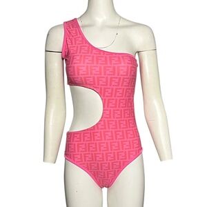 Fendi Women's Size XL Pink One Piece Swimsuit Cut Out Side FF LOGO One Shoulder